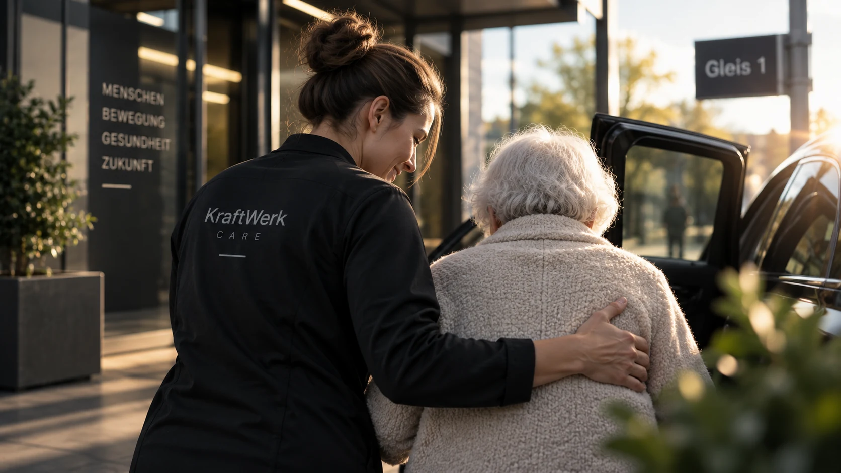 KI-generierte Konzeptvisualisierung einer KraftWerk-Care-Mitarbeiterin, die eine ältere Person beim Einstieg ins Auto begleitet
