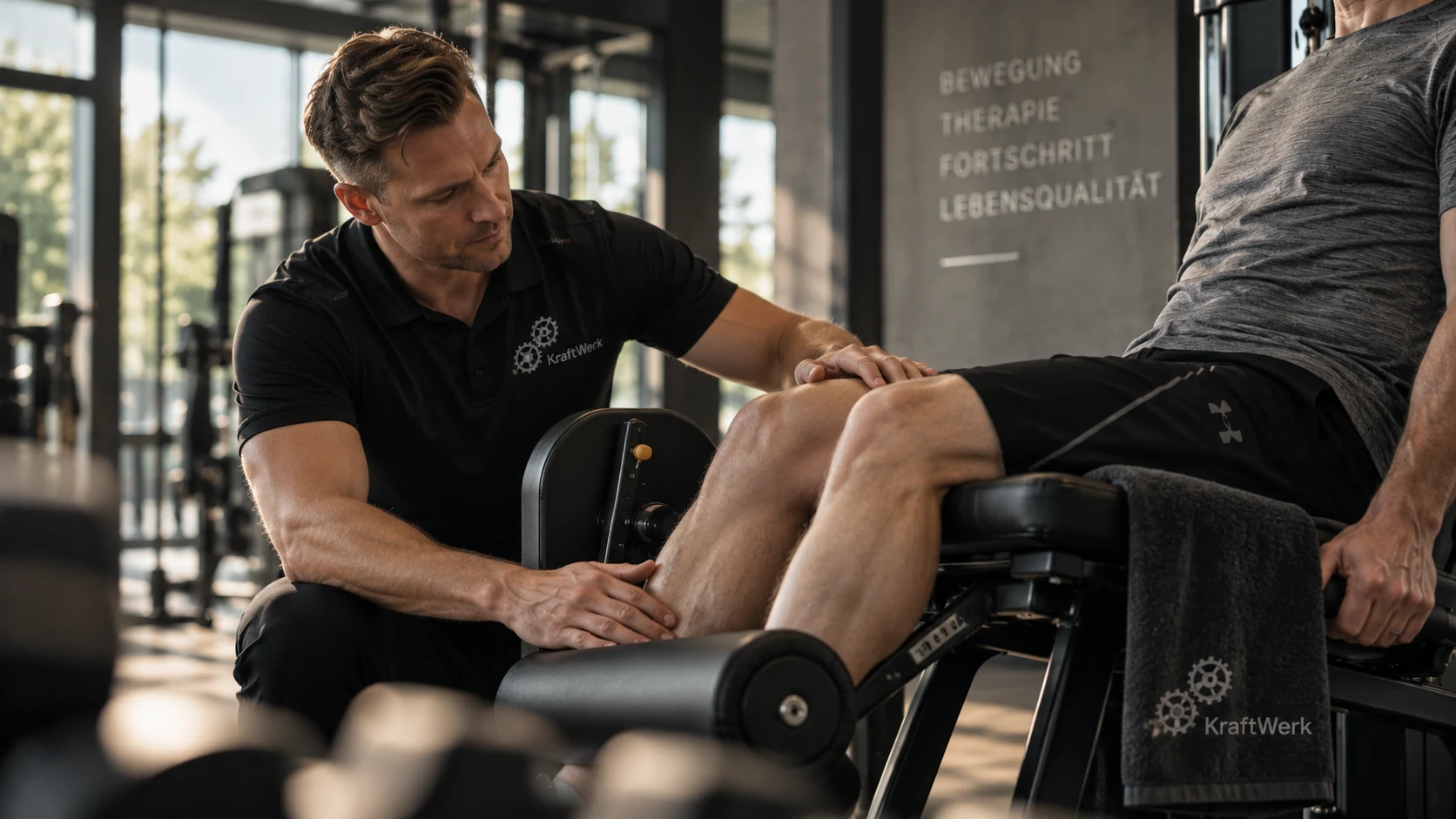 KI-generierte Konzeptvisualisierung eines therapeutisch begleiteten Trainings an einem Gerät