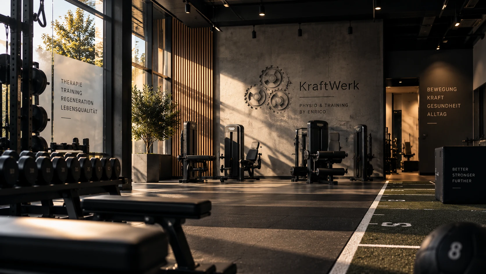 KI-generierte Konzeptvisualisierung eines modernen KraftWerk Therapie- und Trainingsbereichs